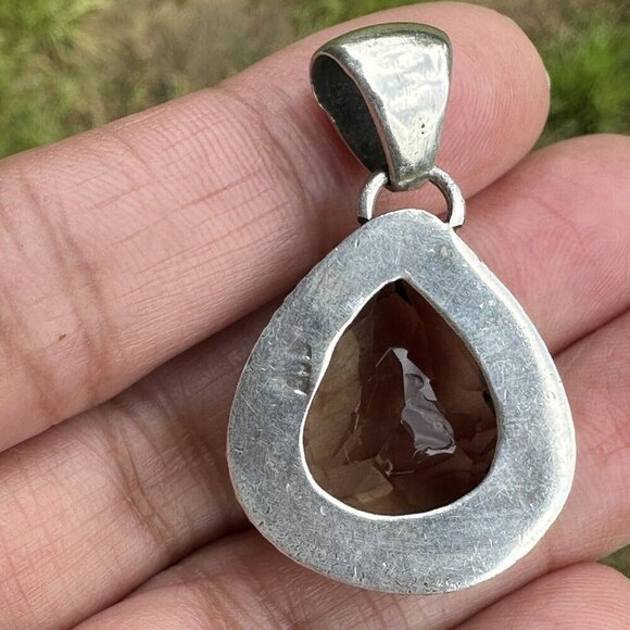 VTG Pendant 1.25" Tear Drop Faceted Smoky Quartz Gem 925 Sterling 10.9g - Picture 5 of 9
